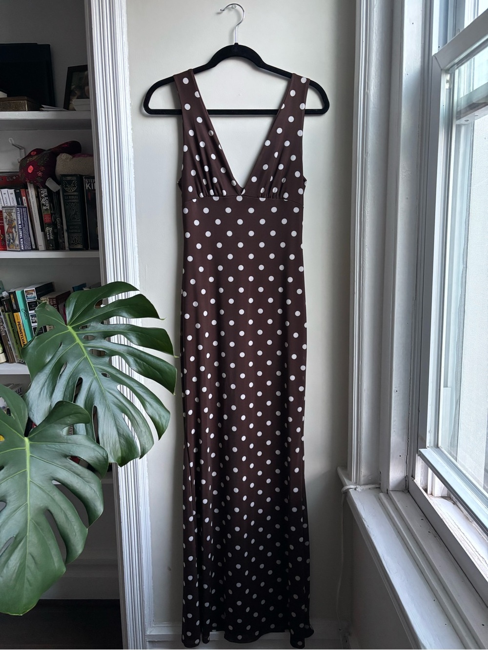 Blue Blush Brown and White Polka Dot V-Neck Maxi Dress